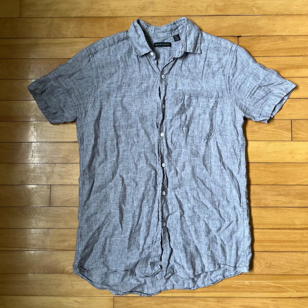 Saks Fifth Avenue Mens Grey 100% Linen Short Sleeve Button Up Shirt Small